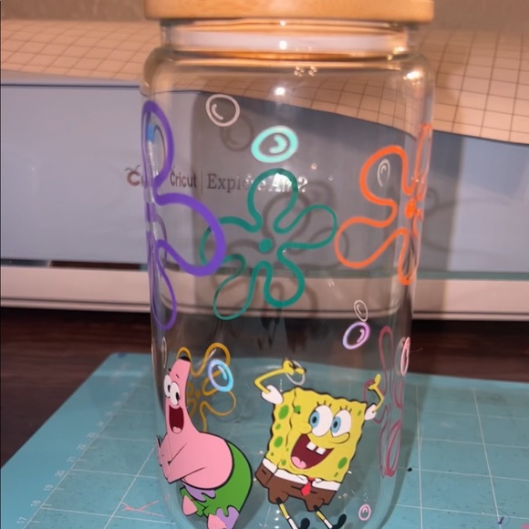 SpongeBob and Patrick glass cup with bamboo lid and plastic clear straw! - Picture 1 of 2